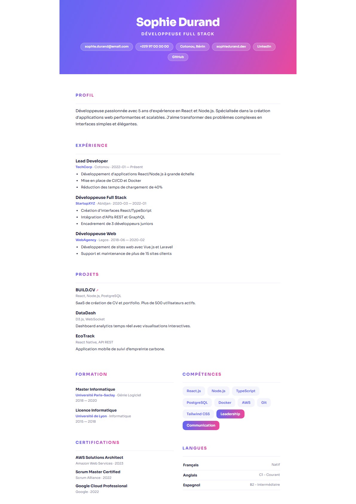 Modèle de CV Aurora