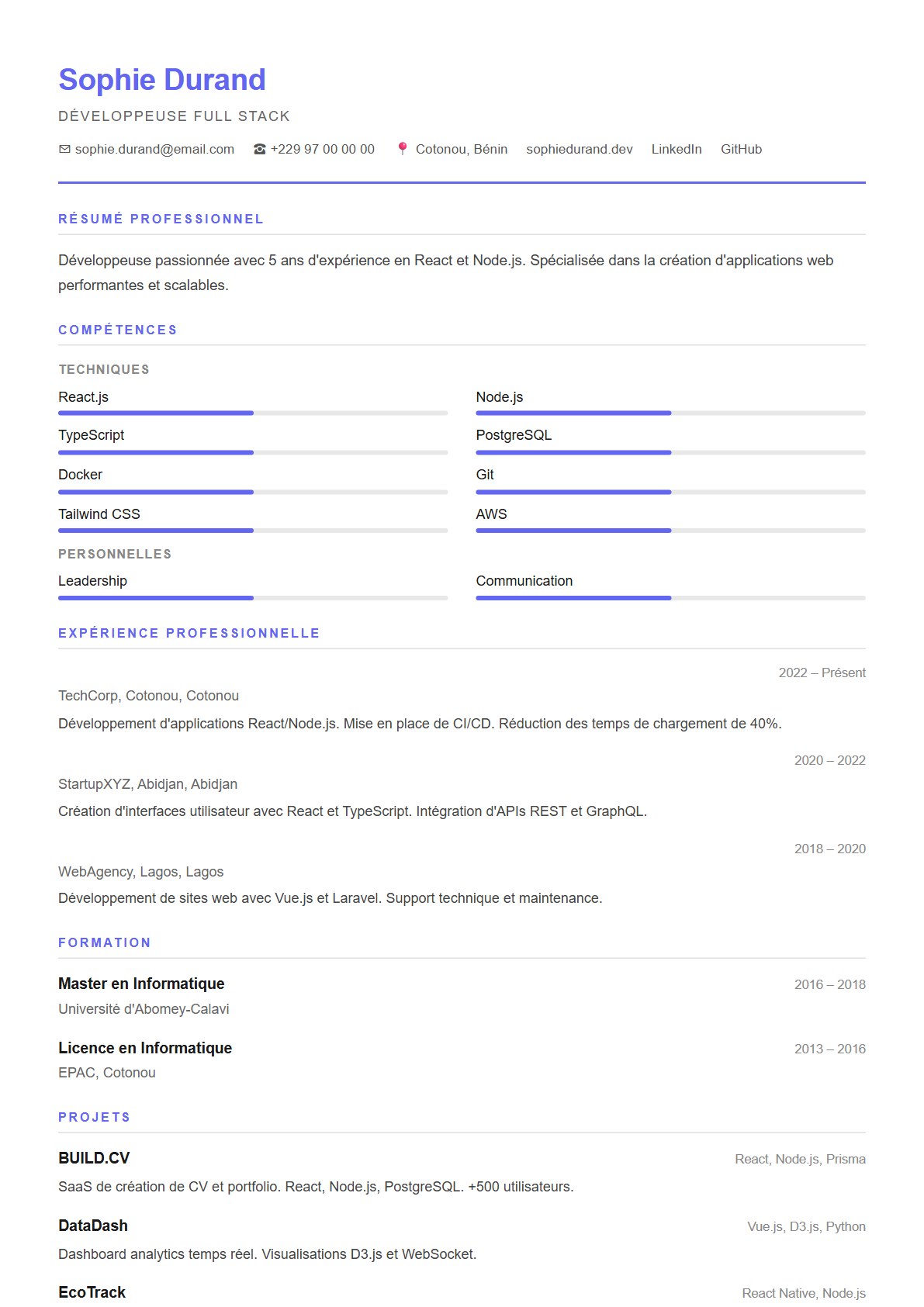 Aperçu du modèle CV Sobre